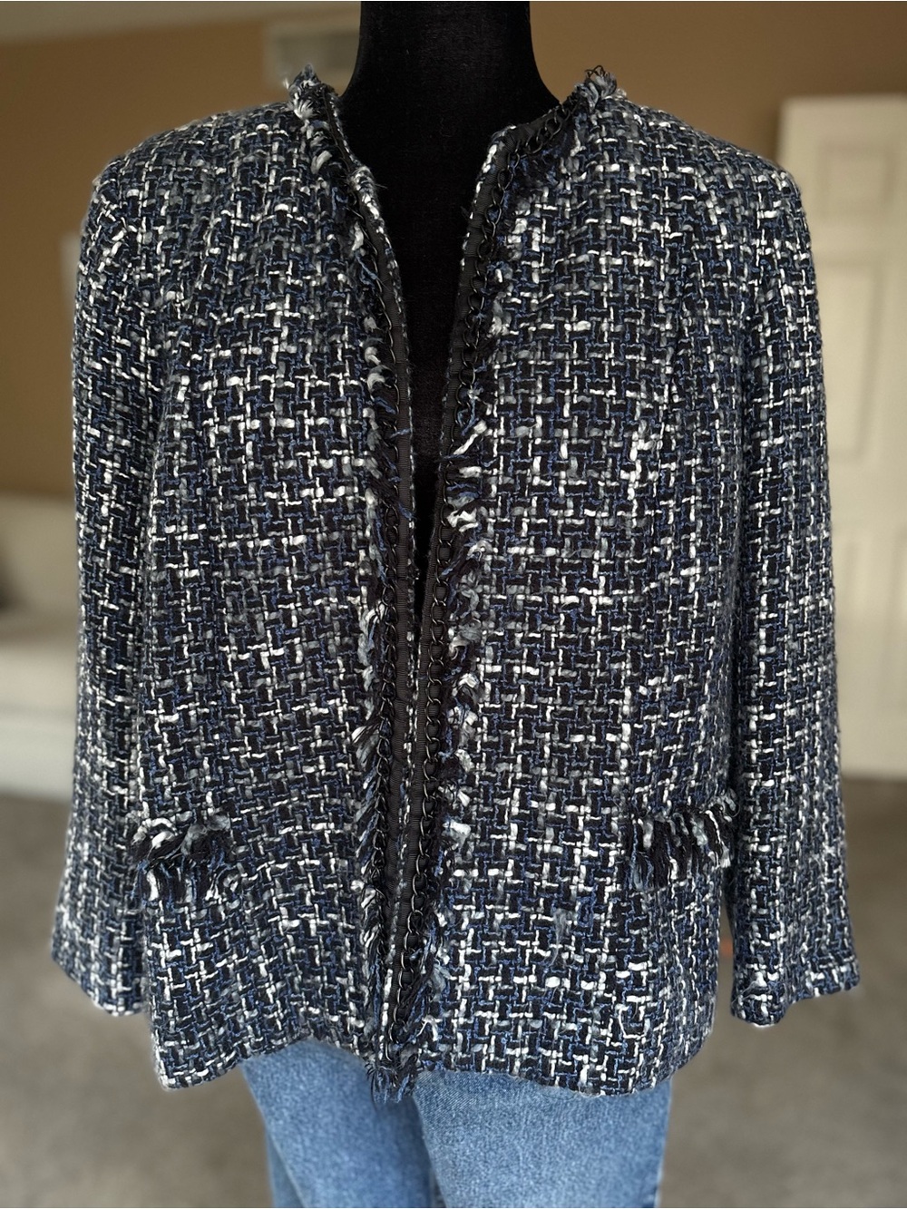 dressbarn Navy and White Tweed Fringe Open-Front Jacket